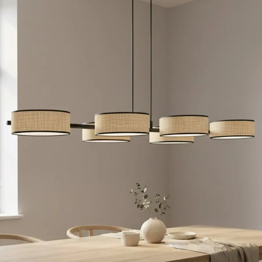 Długa lampa nad stół z 6 abażurami w stylu rattan - Emibig Drumz 6