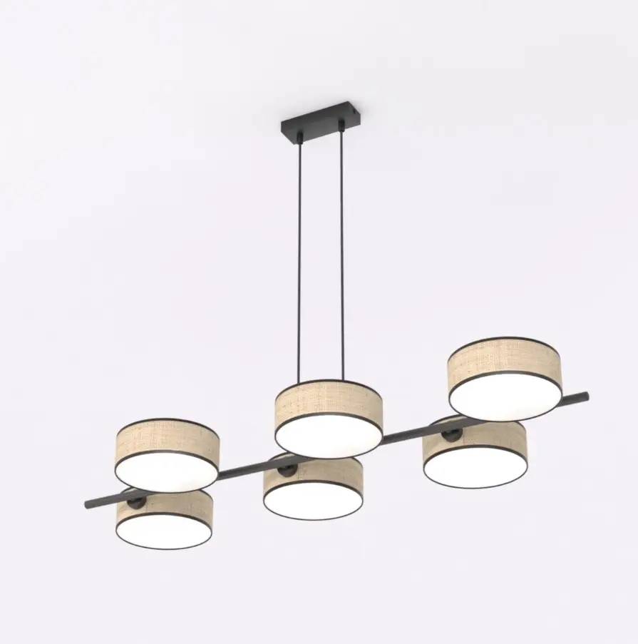 Długa lampa nad stół z 6 abażurami w stylu rattan - Emibig Drumz 6