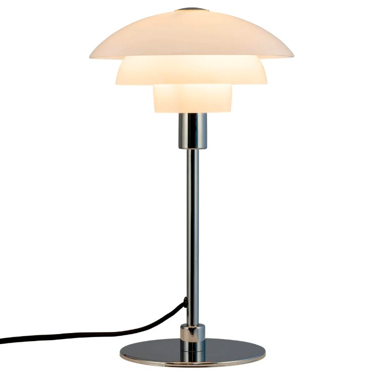 Srebrna lampa stołowa Morph z kloszem wykonanym z trójwarstwowego szkła