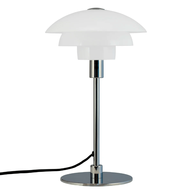 Srebrna lampa stołowa Morph z kloszem wykonanym z trójwarstwowego szkła