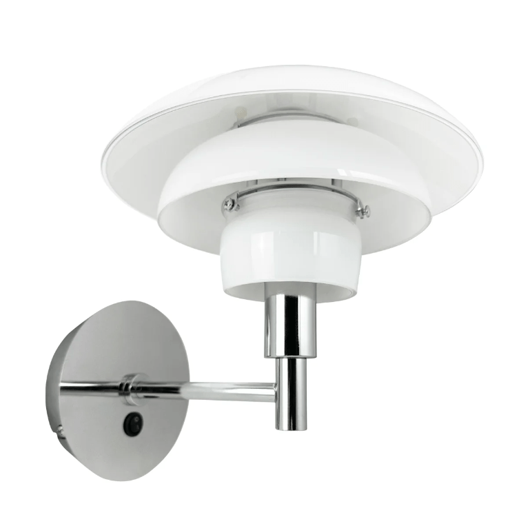 Srebrny kinkiet Morph z białym szklanym kloszem i włącznikiem