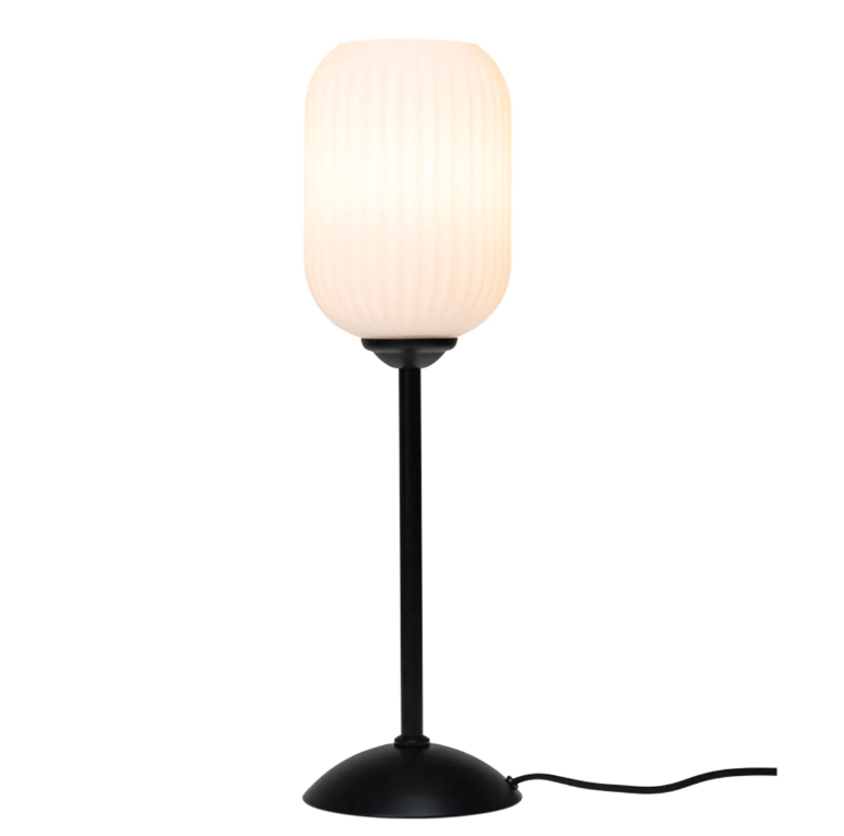 Stylowa lampa stołowa Riflet w biało-czarnej kolorystyce z ryflowanego szkła