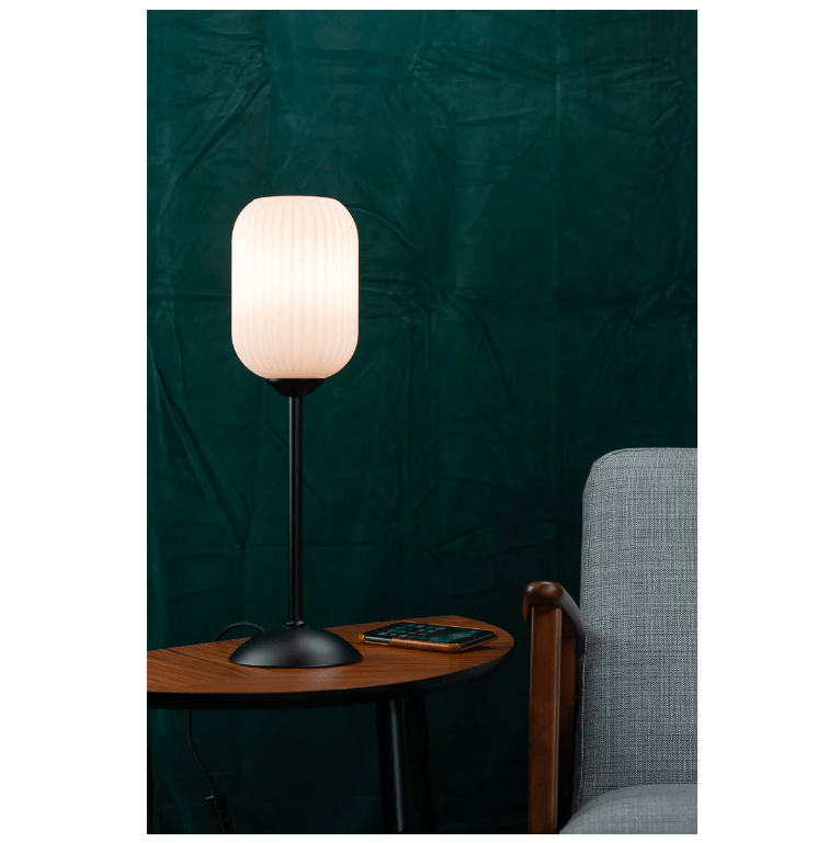 Stylowa lampa stołowa Riflet w biało-czarnej kolorystyce z ryflowanego szkła