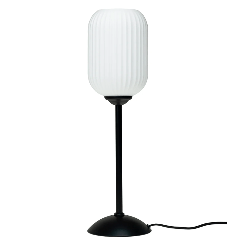 Stylowa lampa stołowa Riflet w biało-czarnej kolorystyce z ryflowanego szkła