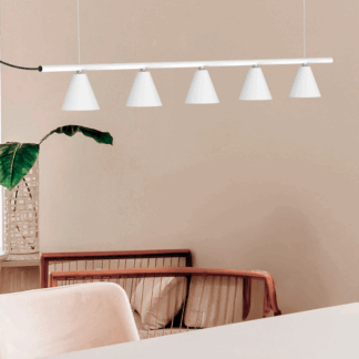 Biała, długa wisząca lampa LED Rimini 3000K nad stół