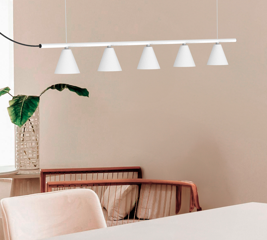 Biała, długa wisząca lampa LED Rimini 3000K nad stół