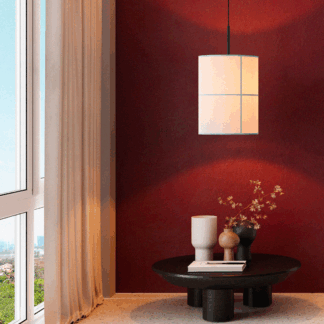 Cylindryczna kremowa lampa wisząca Rania 38 z kratkowanym wzorem