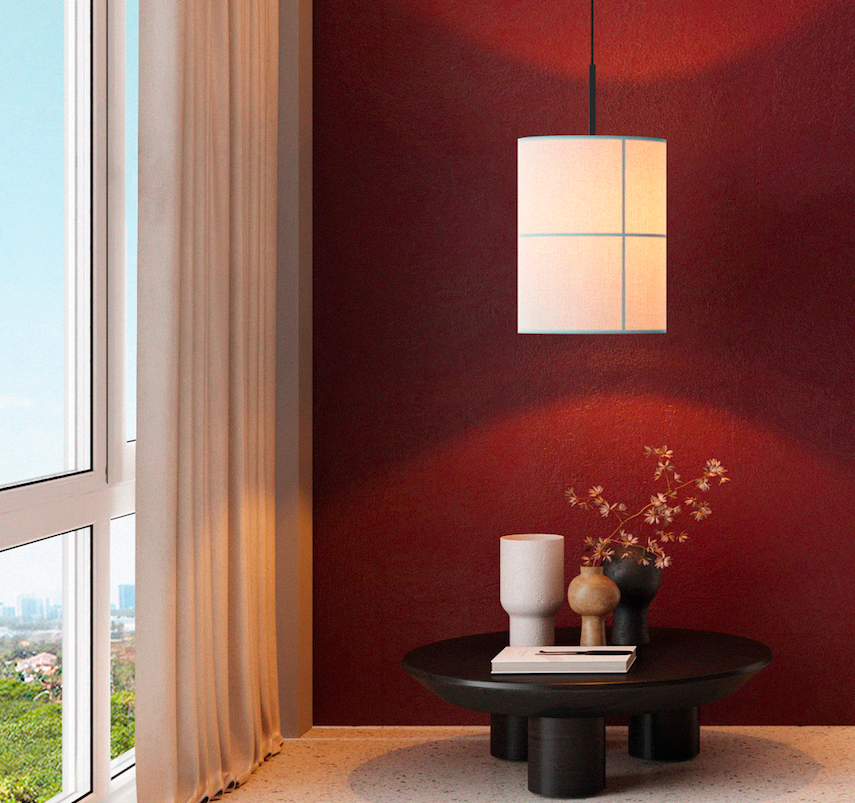 Cylindryczna kremowa lampa wisząca Rania 38 z kratkowanym wzorem