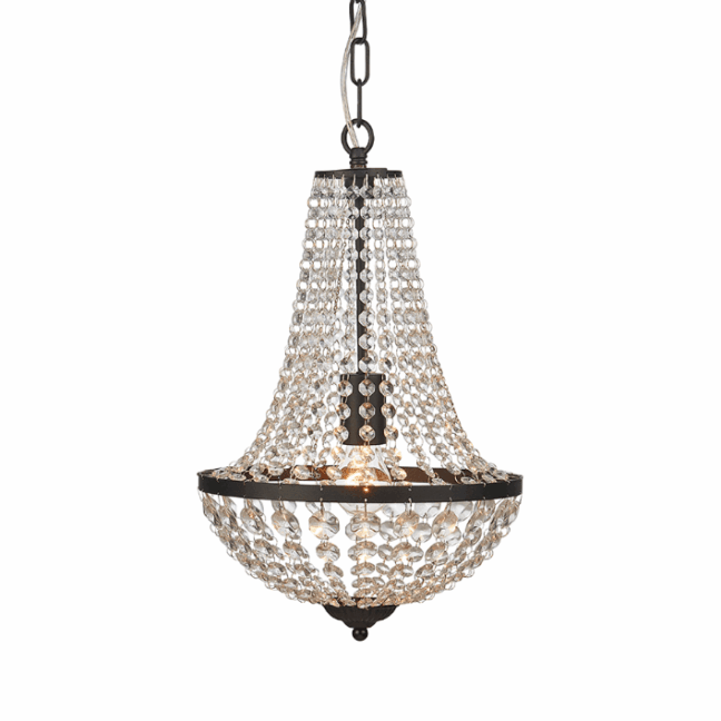 Czarna wisząca lampa w stylu art deco Island o średnicy 30 cm z kryształowymi łańcuszkami