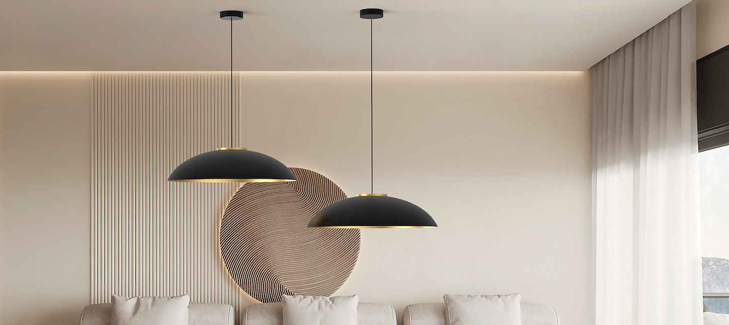 Czarno-złota wisząca lampa Rebeca 56 z płaskim kloszem