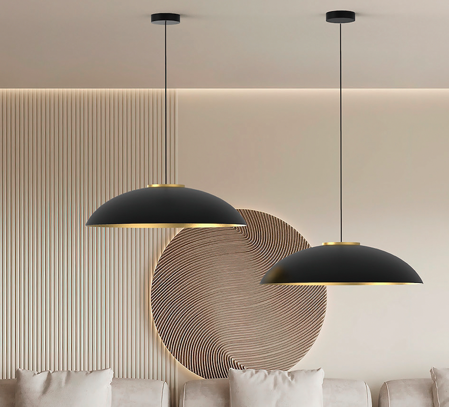 Czarno-złota wisząca lampa Rebeca 56 z płaskim kloszem