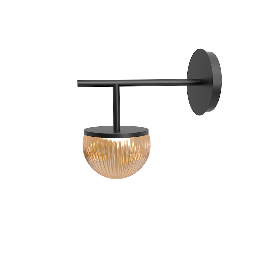 Czarny kinkiet Roi Arm w stylu art deco z bursztynowym kloszem