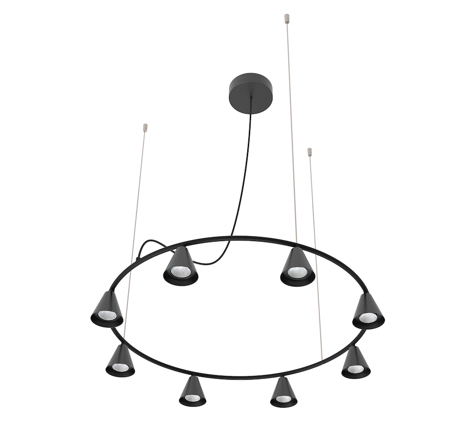 Nowoczesny żyrandol Rimini 80 LED w czerni z stożkowymi kloszami