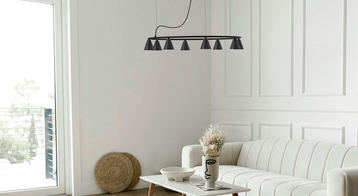 Nowoczesny żyrandol Rimini 80 LED w czerni z stożkowymi kloszami