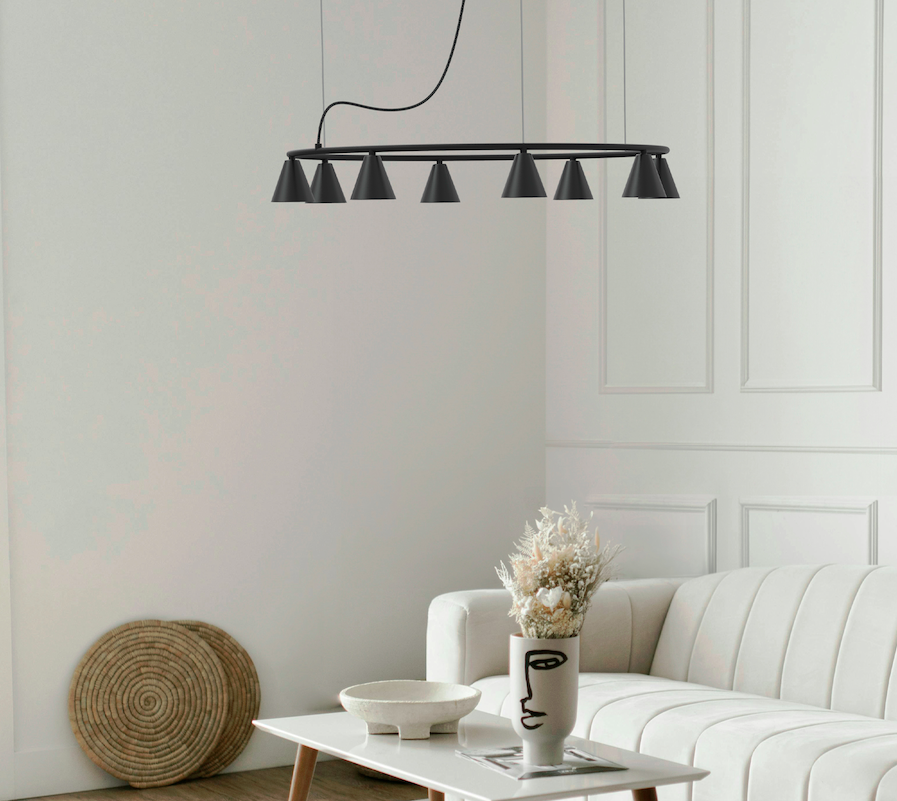 Nowoczesny żyrandol Rimini 80 LED w czerni z stożkowymi kloszami