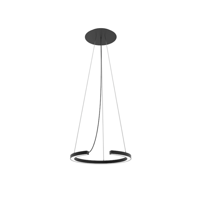 Minimalistyczna lampa wisząca LED z czarną okrągłą rozetą i czarną obręczą zawieszoną na cienkich linkach na białym tle.