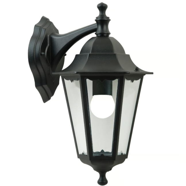 Kinkiet zewnętrzny Cardiff Down czarny klasyczny IP44, lampa ścienna ogrodowa w stylu retro angielskim, aluminiowa latarnia na elewację, taras i werandę.