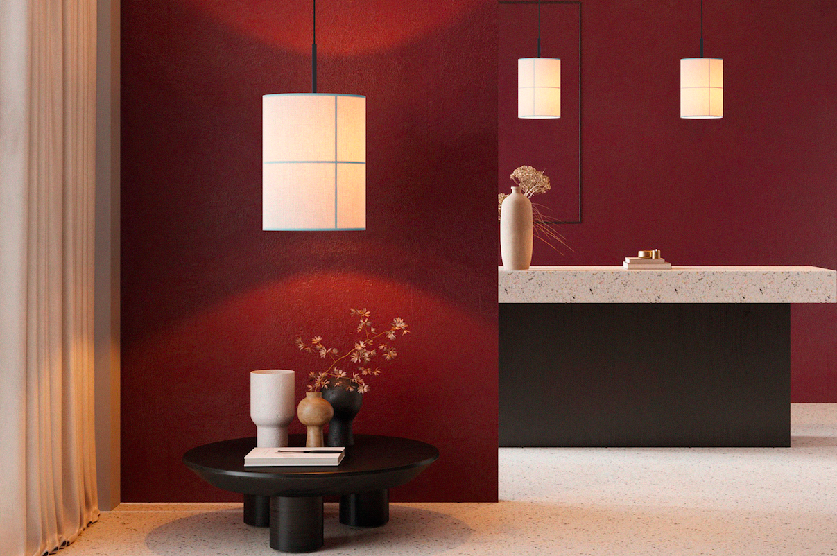 Kremowa wisząca lampa Rania 28 z abażurem w kratkę