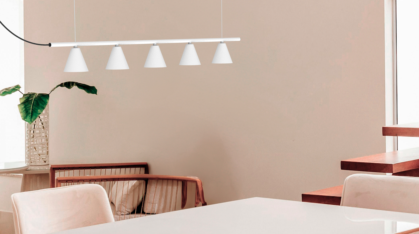 Biała, długa wisząca lampa LED Rimini 3000K nad stół