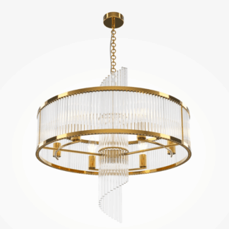 Złota lampa wisząca Frame w stylu art deco, szklane pręty, średnica 65 cm, do salonu, jadalni.