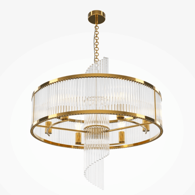Złota lampa wisząca Frame w stylu art deco, szklane pręty, średnica 65 cm, do salonu, jadalni.