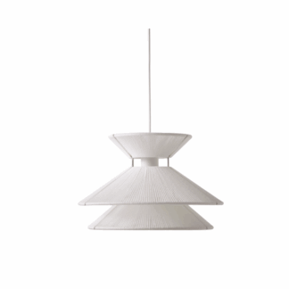 Wisząca lampa Kiku wykonana z białego lnianego sznurka oraz stali nierdzewnej