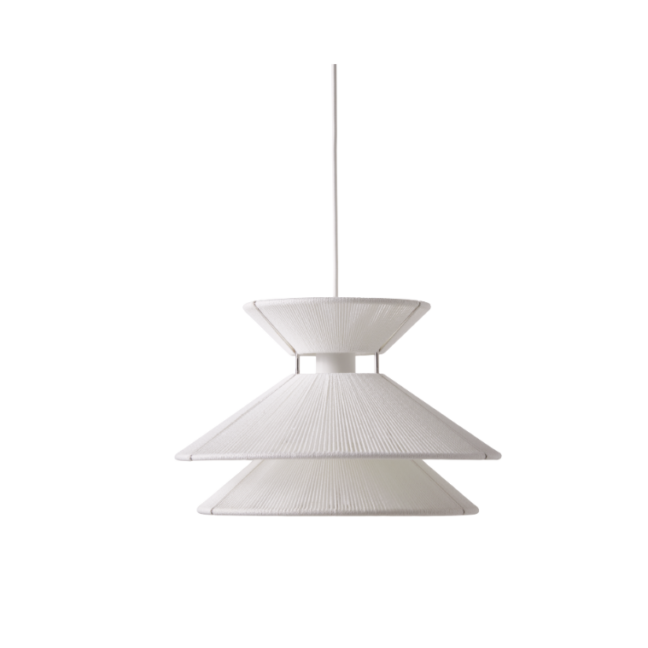 Wisząca lampa Kiku wykonana z białego lnianego sznurka oraz stali nierdzewnej