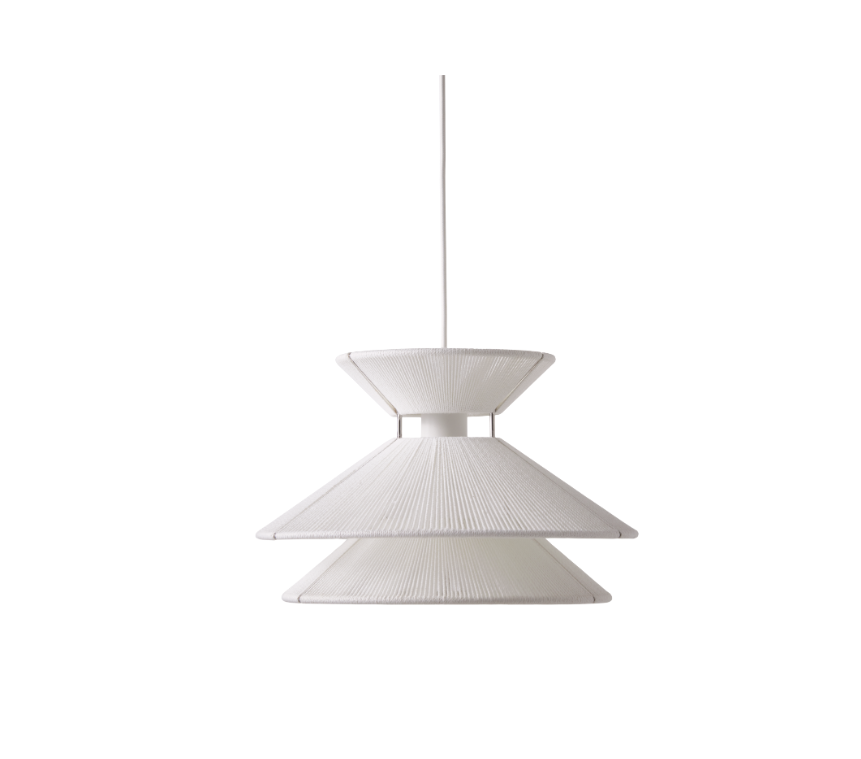 Wisząca lampa Kiku wykonana z białego lnianego sznurka oraz stali nierdzewnej