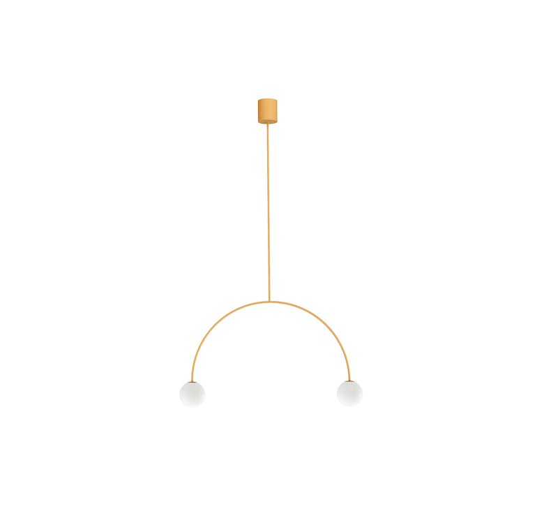 Żółta wisząca lampa Riga 50 w kształcie łuku z kulistymi elementami