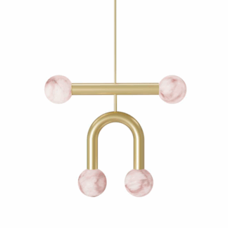 Wisząca lampa Rigoberta Duo Super Curved w złotym kolorze z alabastrowymi kloszami w kształcie kul