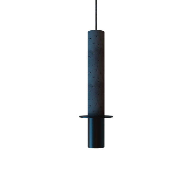 Lampa wisząca Rita w formie czarnej betonowej tuby z ozdobnym pierścieniem