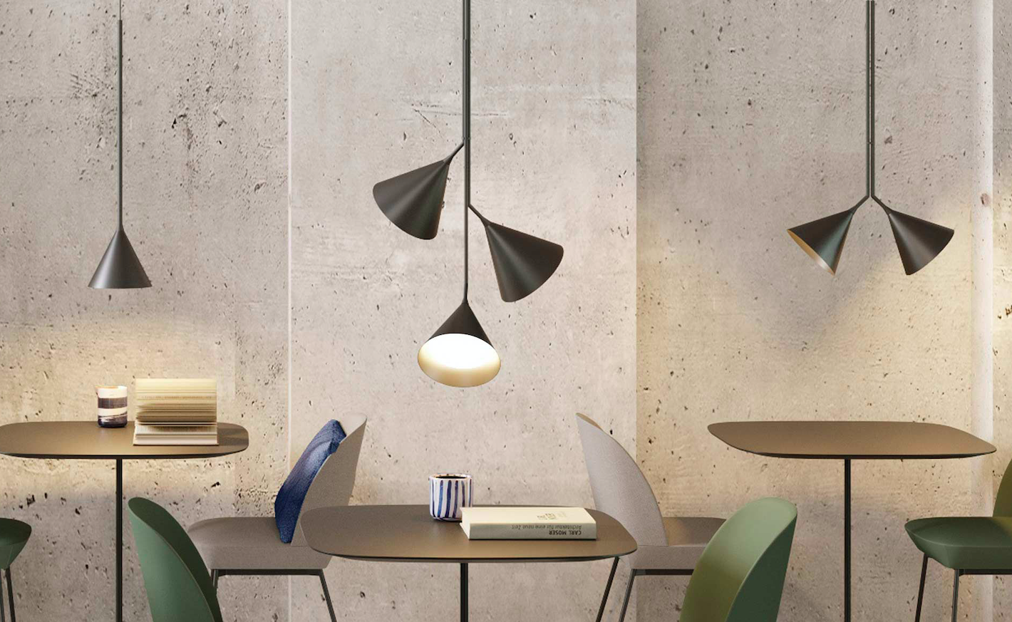 Potrójna wisząca lampa Rubi Trio z trzema stożkowymi kloszami