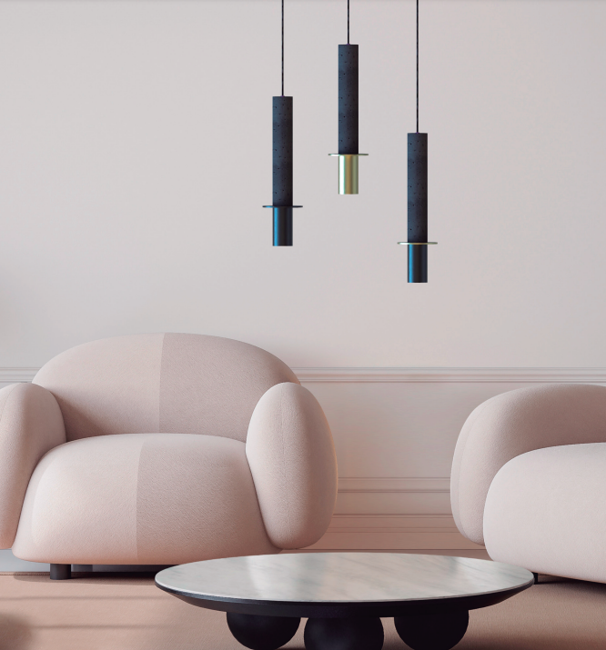 Wisząca lampa Rita w eleganckiej betonowej formie z subtelnym czarnym pierścieniem