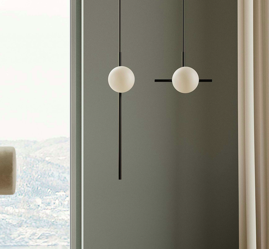 Elegancka wisząca lampa Roxanne z pionową czarną rurką