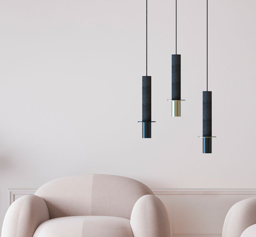 Wisząca lampa Rita w eleganckiej betonowej formie z subtelnym czarnym pierścieniem