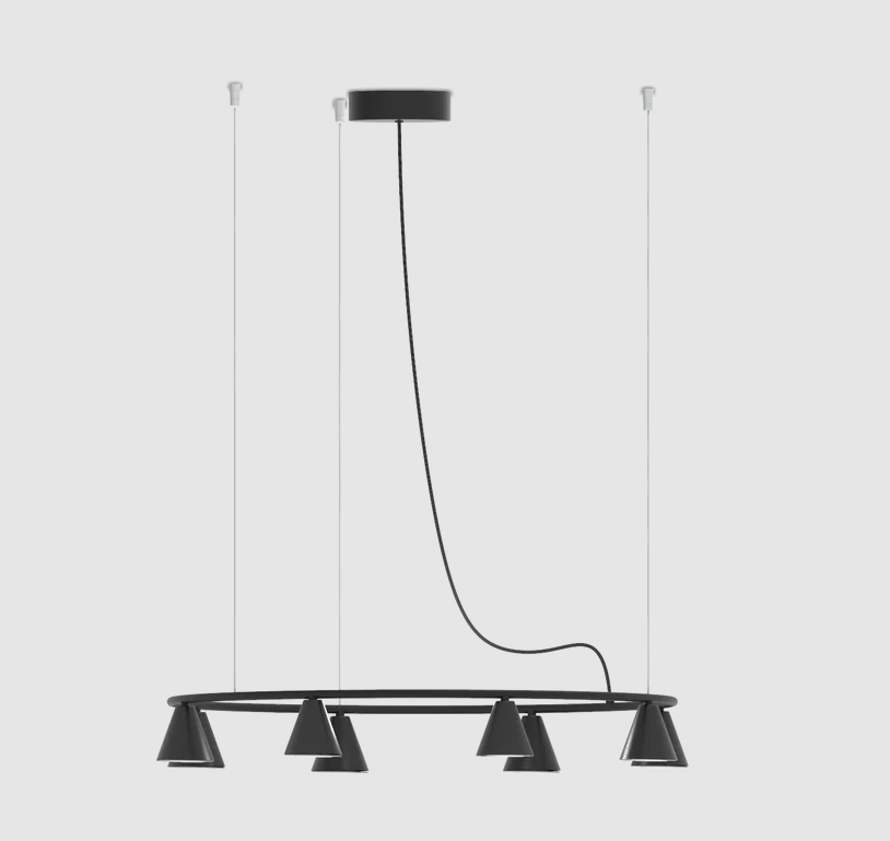 Nowoczesny żyrandol Rimini 80 LED w czerni z stożkowymi kloszami