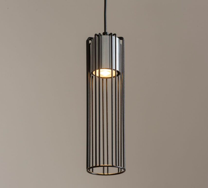 Srebrno-czarna wisząca lampa Noctis z drucianym kloszem w kształcie tuby