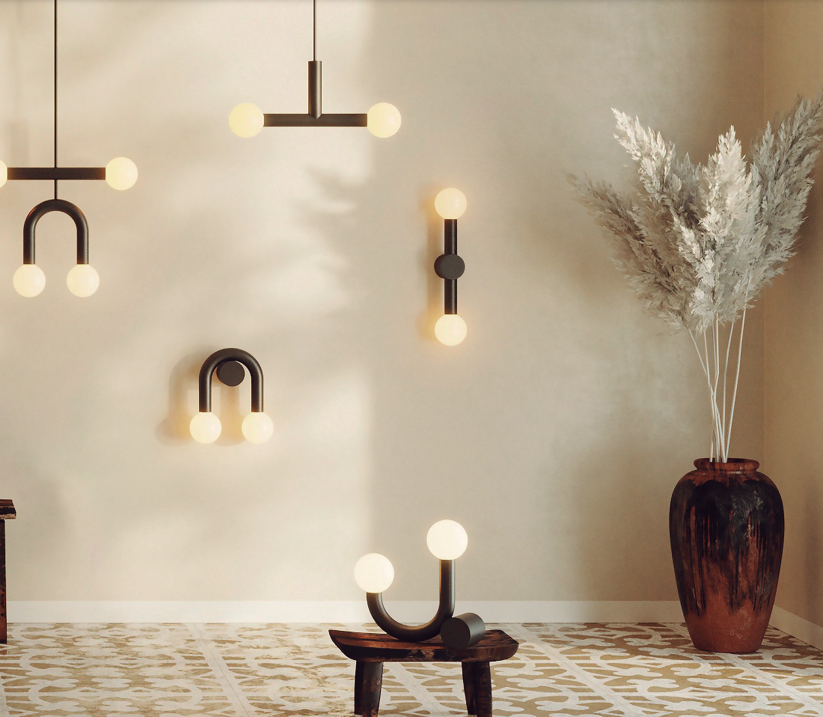 Biały podwójny kinkiet Rigoberta Super Curved z kulistymi kloszami na wygiętym łuku