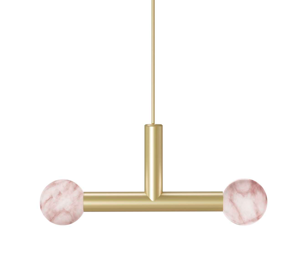 Złota wisząca lampa Rigoberta Trio z dwiema alabastrowymi kulami