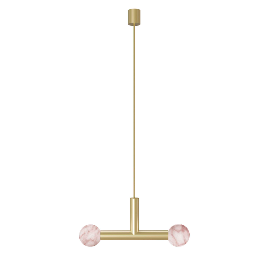 Złota wisząca lampa Rigoberta Trio z dwiema alabastrowymi kulami