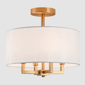 Plafon sufitowy z białym okrągłym abażurem i złotą ramą z czterema żarówkami wewnątrz na szarym tle.