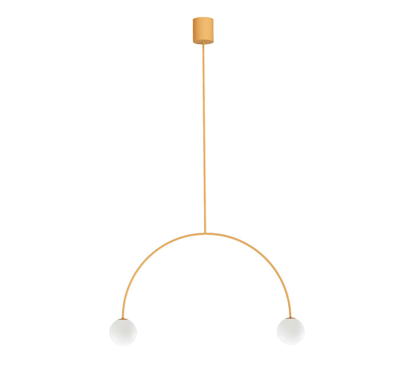 Żółta wisząca lampa Riga 50 w kształcie łuku z kulistymi elementami