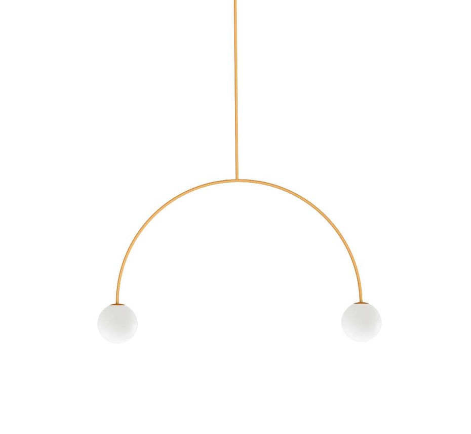 Żółta wisząca lampa Riga 50 w kształcie łuku z kulistymi elementami