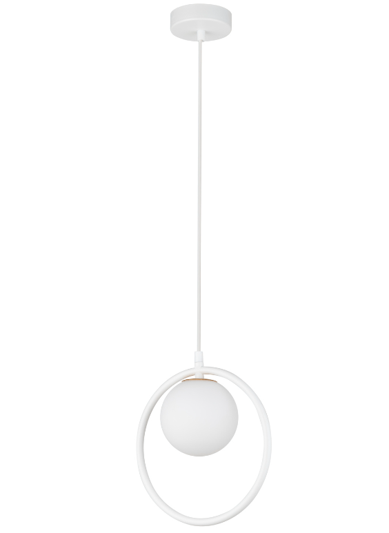 Biała lampa wisząca Aurika - obręcz z kulą