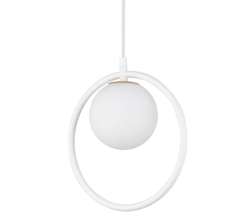 Biała lampa wisząca Aurika - obręcz z kulą