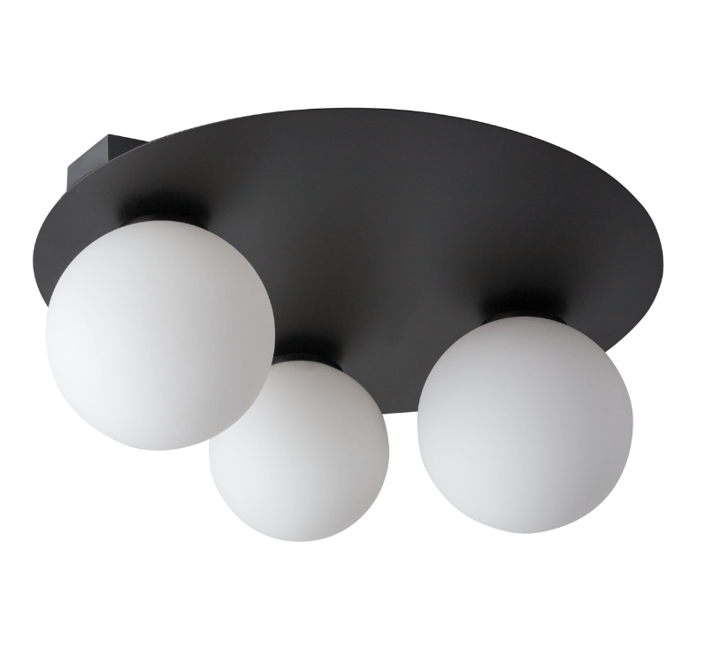 Czarna, okrągła lampa sufitowa Fjordlux 3 z białymi kloszami w kształcie kul