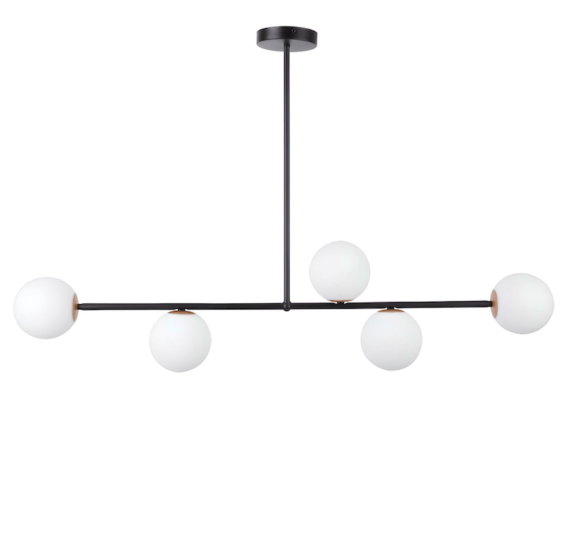Czarny żyrandol Glowspire 5 z mlecznymi szklanymi kloszami