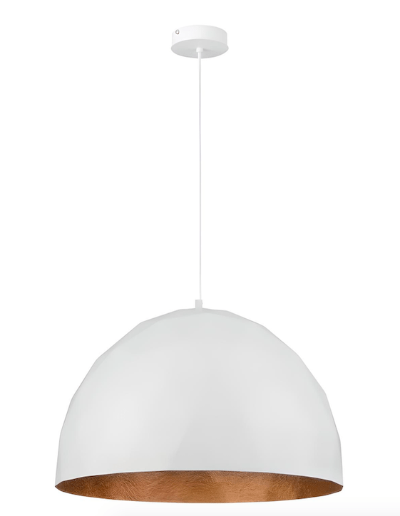 Duża wisząca lampa Fjorska 50 w białym kolorze z miedzianym wnętrzem, idealna nad stół