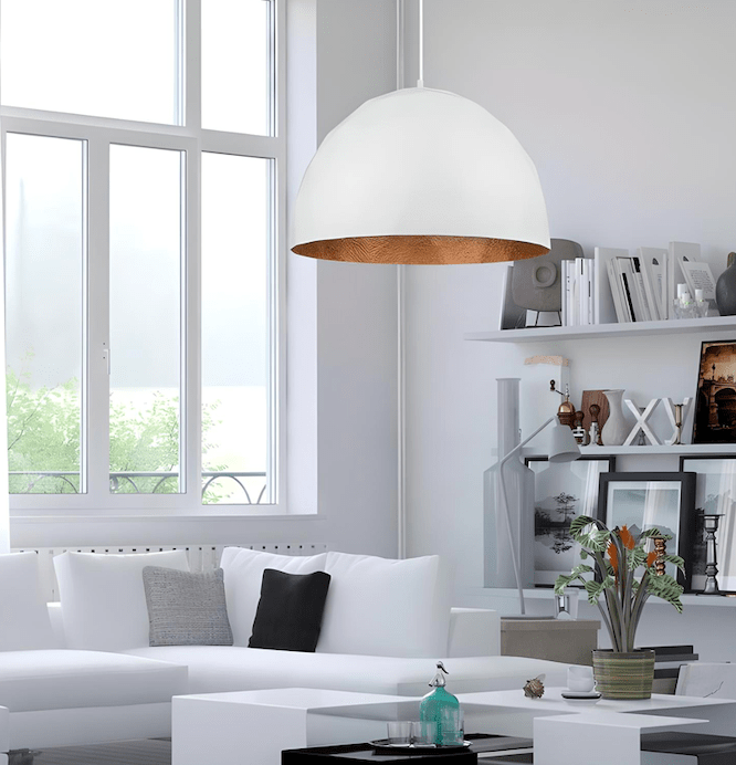 Duża wisząca lampa Fjorska 50 w białym kolorze z miedzianym wnętrzem, idealna nad stół