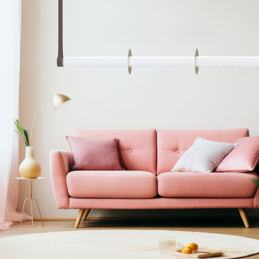 Podłużna lampa wisząca Roseline Robin z ryflowanym kloszem w złotym kolorze i brązowymi pasami